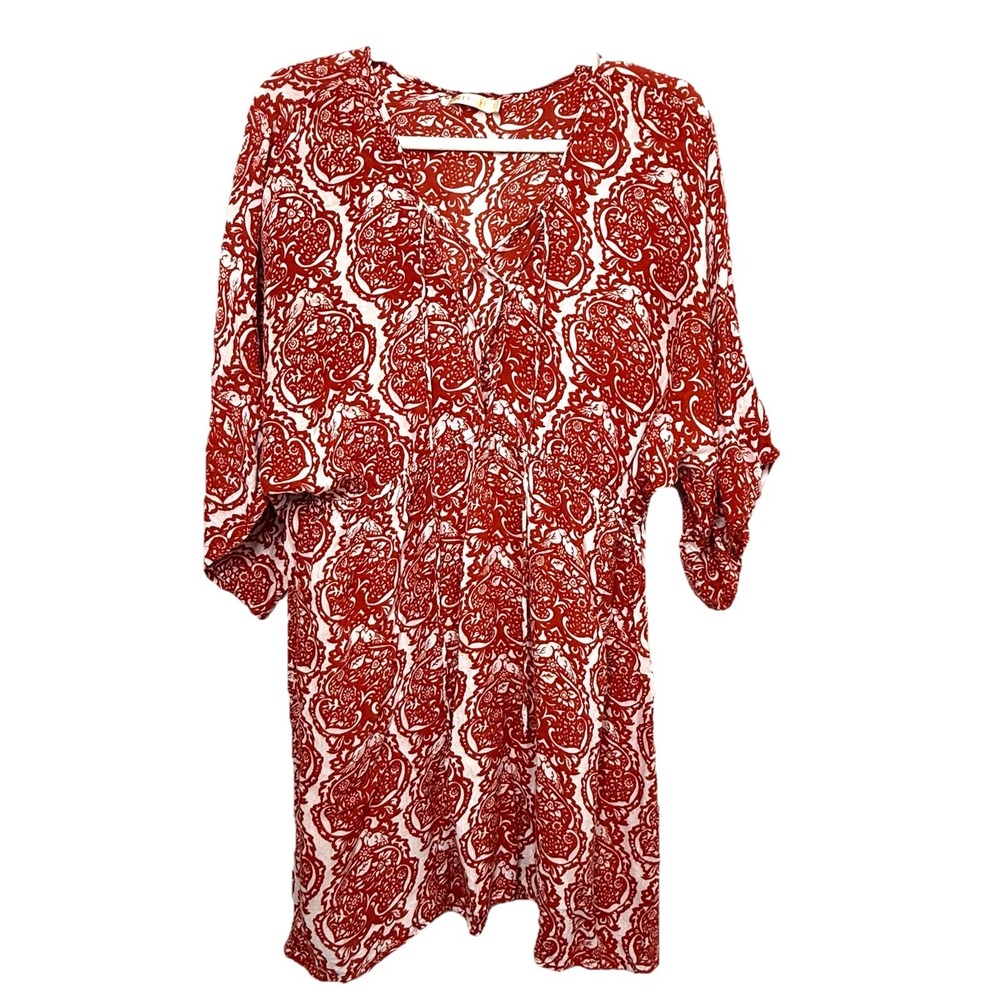 Indah Dress Size Large Mini Coverup Paisley Muted Red/White Boho Print V-neck